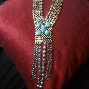 New! Large Silver Chain Link Turquoise Necklace
